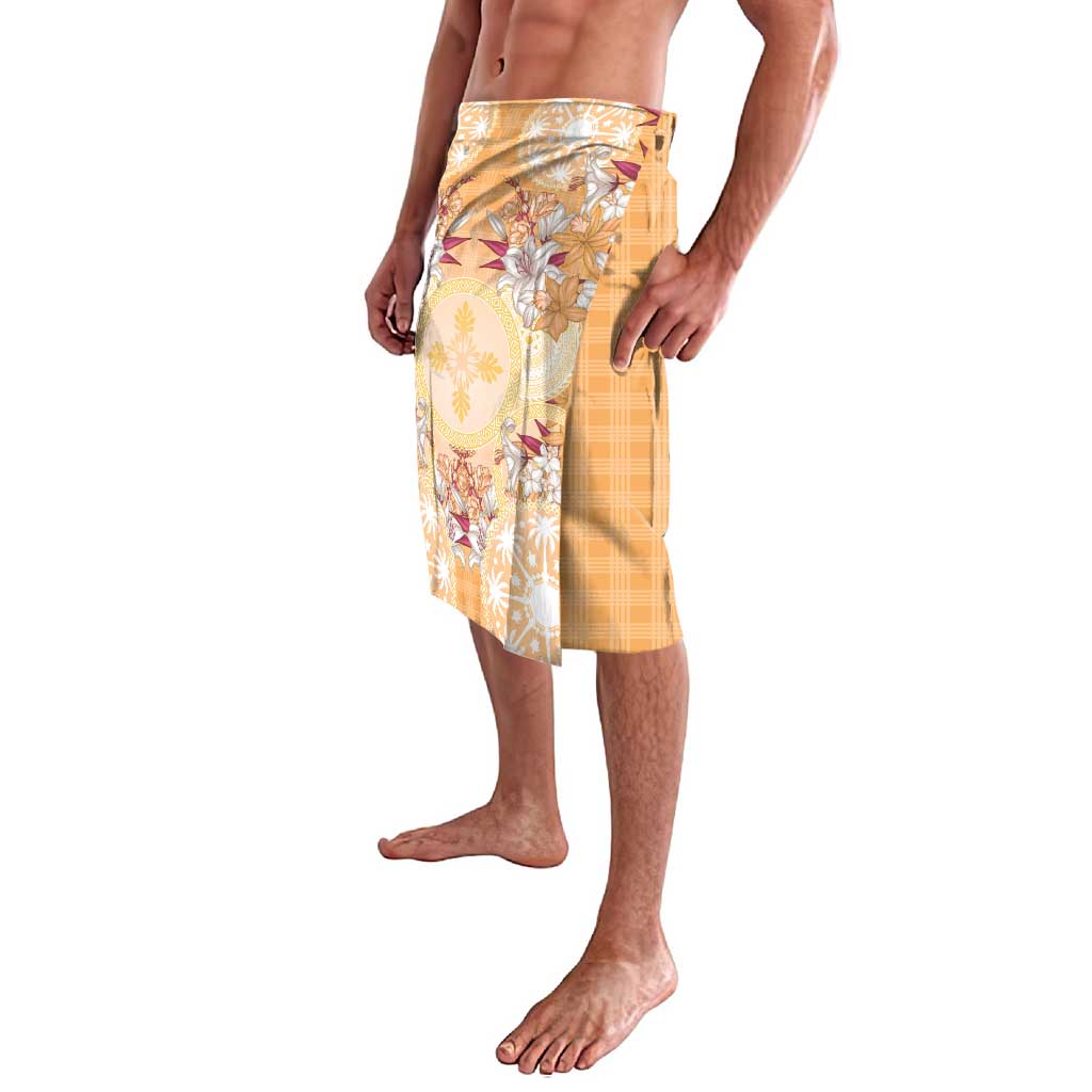 Hawaii Peach Palaka Lavalava With Tapa Pattern Tropical Flowers - Polynesian Pride