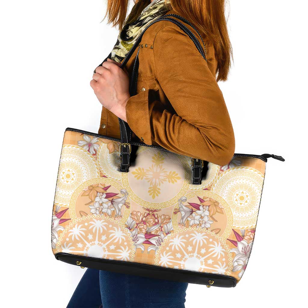 Hawaii Peach Palaka Leather Tote Bag With Tapa Pattern Tropical Flowers - Polynesian Pride