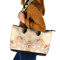 Hawaii Peach Palaka Leather Tote Bag With Tapa Pattern Tropical Flowers - Polynesian Pride