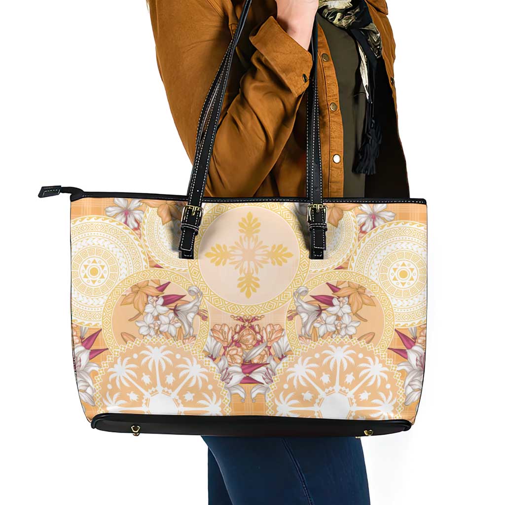 Hawaii Peach Palaka Leather Tote Bag With Tapa Pattern Tropical Flowers - Polynesian Pride
