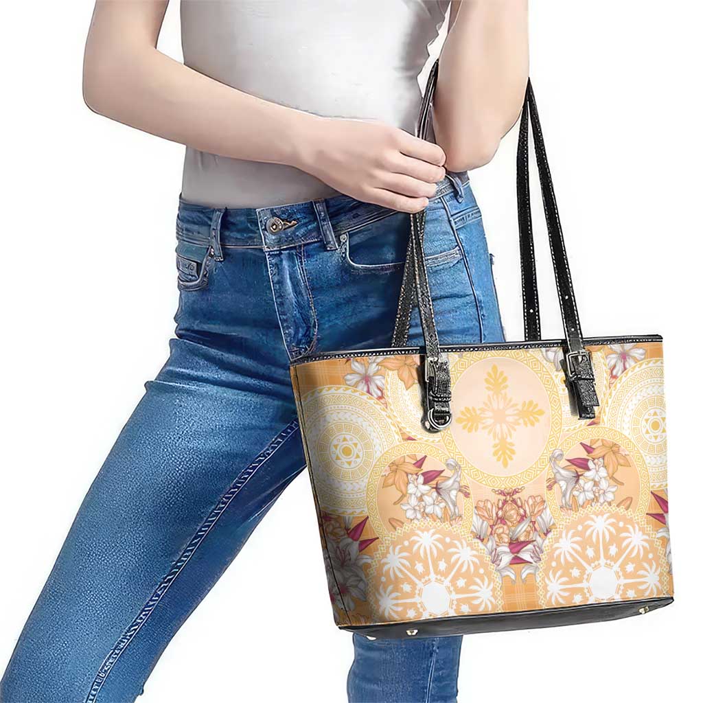 Hawaii Peach Palaka Leather Tote Bag With Tapa Pattern Tropical Flowers - Polynesian Pride