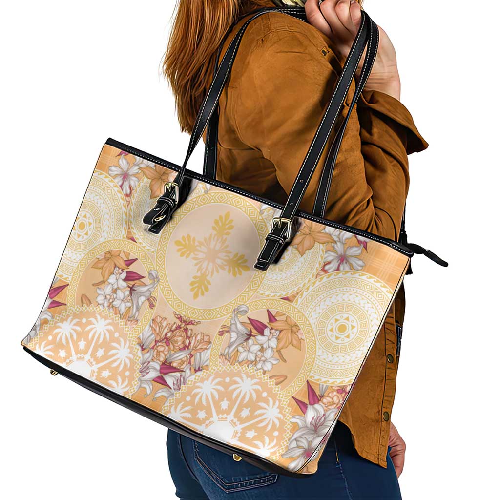 Hawaii Peach Palaka Leather Tote Bag With Tapa Pattern Tropical Flowers - Polynesian Pride