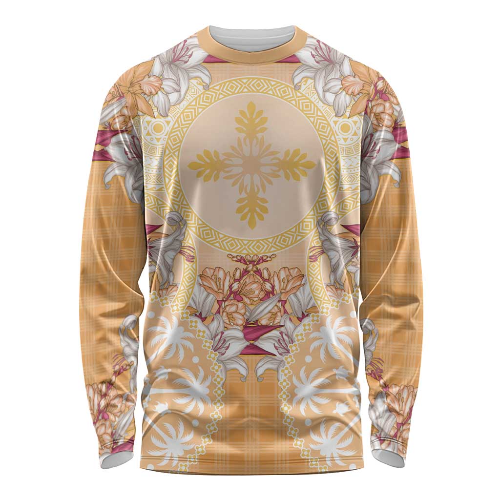 Hawaii Peach Palaka Long Sleeve Shirt With Tapa Pattern Tropical Flowers LT05 Unisex Peach - Polynesian Pride