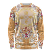 Hawaii Peach Palaka Long Sleeve Shirt With Tapa Pattern Tropical Flowers LT05 Unisex Peach - Polynesian Pride