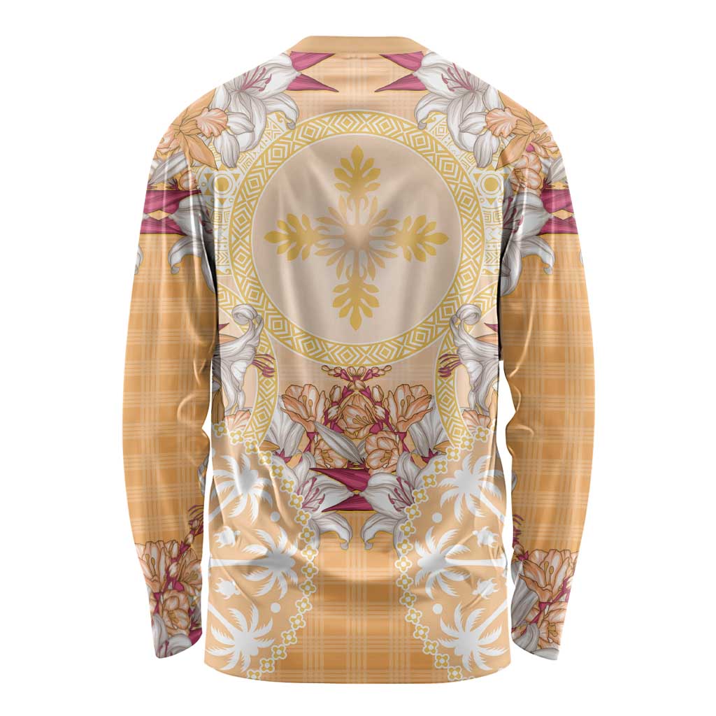 Hawaii Peach Palaka Long Sleeve Shirt With Tapa Pattern Tropical Flowers LT05 - Polynesian Pride