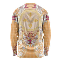Hawaii Peach Palaka Long Sleeve Shirt With Tapa Pattern Tropical Flowers LT05 - Polynesian Pride