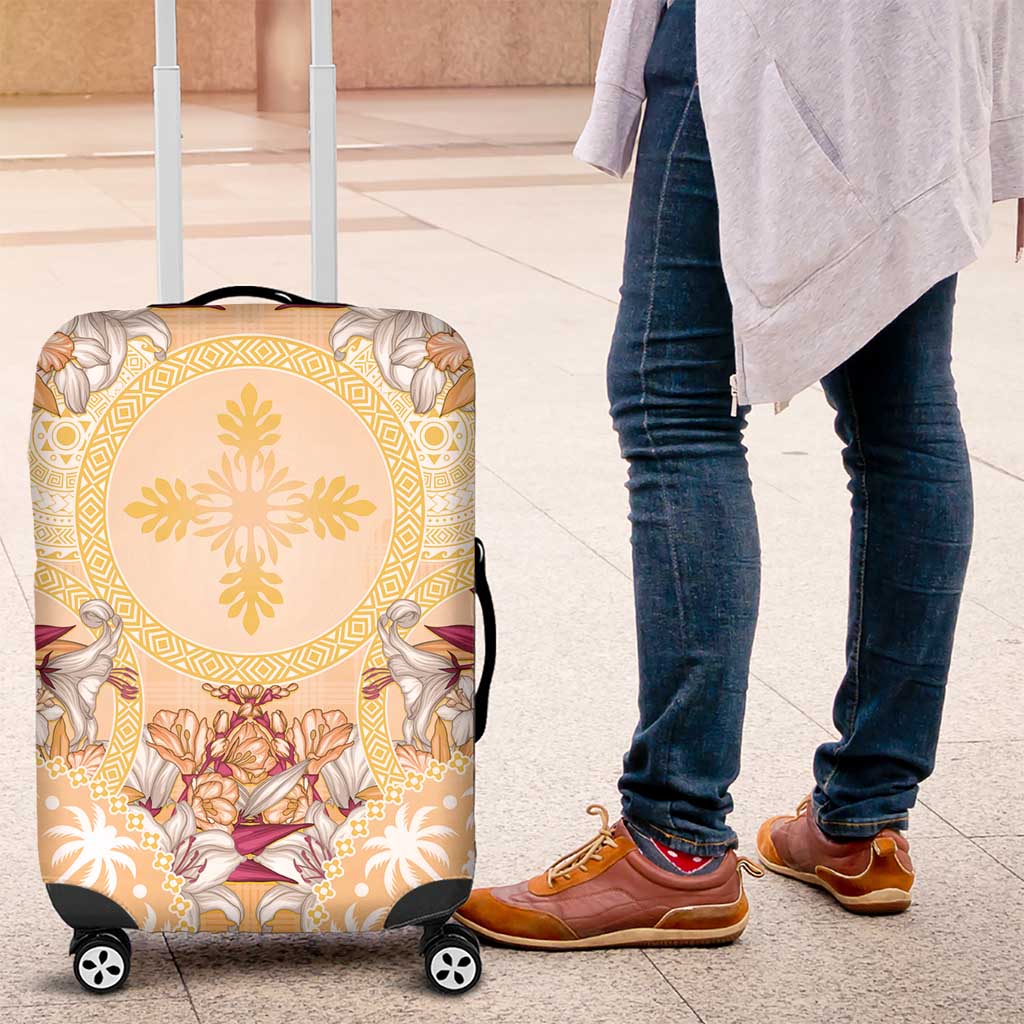 Hawaii Peach Palaka Luggage Cover With Tapa Pattern Tropical Flowers - Polynesian Pride