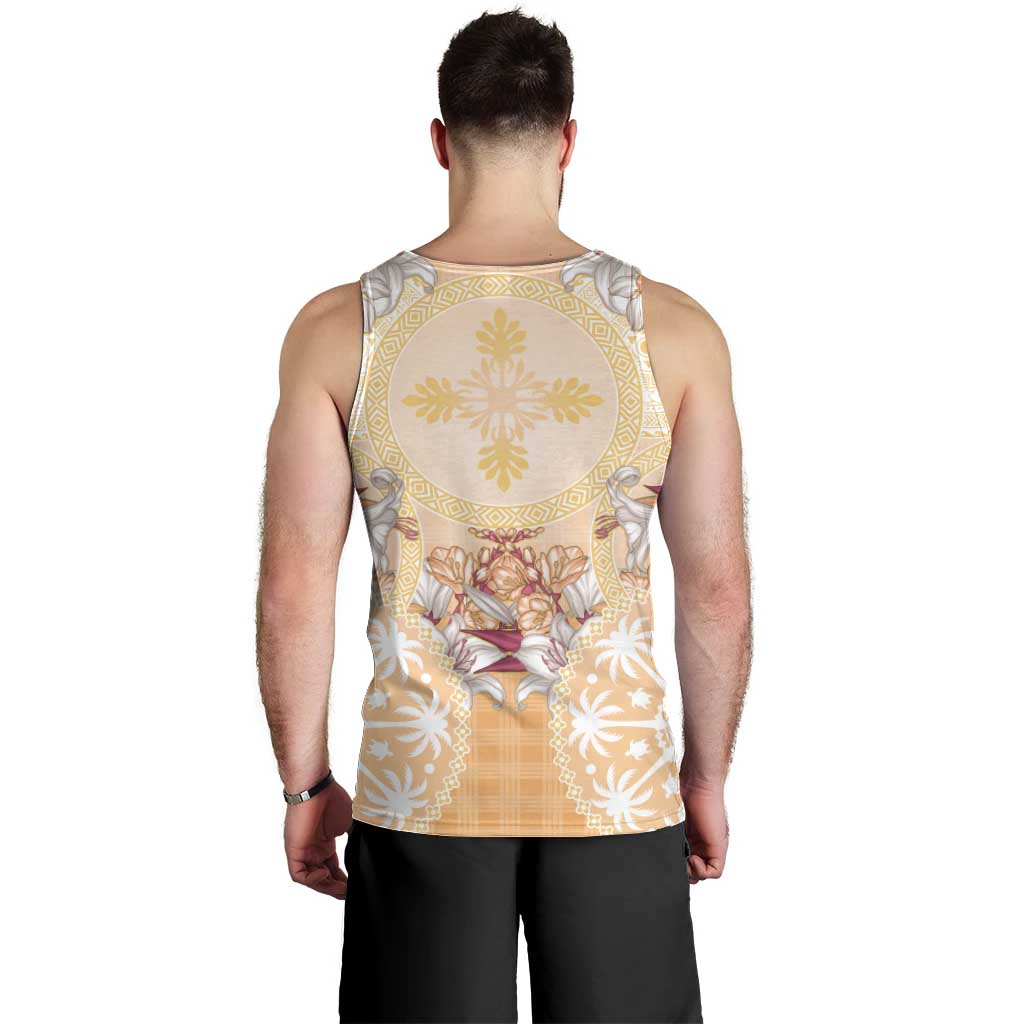 Hawaii Peach Palaka Men Tank Top With Tapa Pattern Tropical Flowers - Polynesian Pride