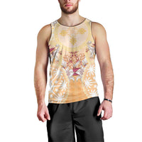 Hawaii Peach Palaka Men Tank Top With Tapa Pattern Tropical Flowers - Polynesian Pride
