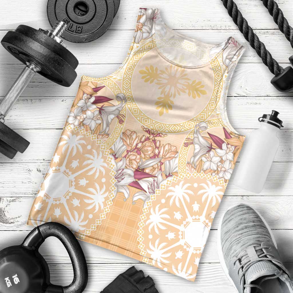 Hawaii Peach Palaka Men Tank Top With Tapa Pattern Tropical Flowers - Polynesian Pride