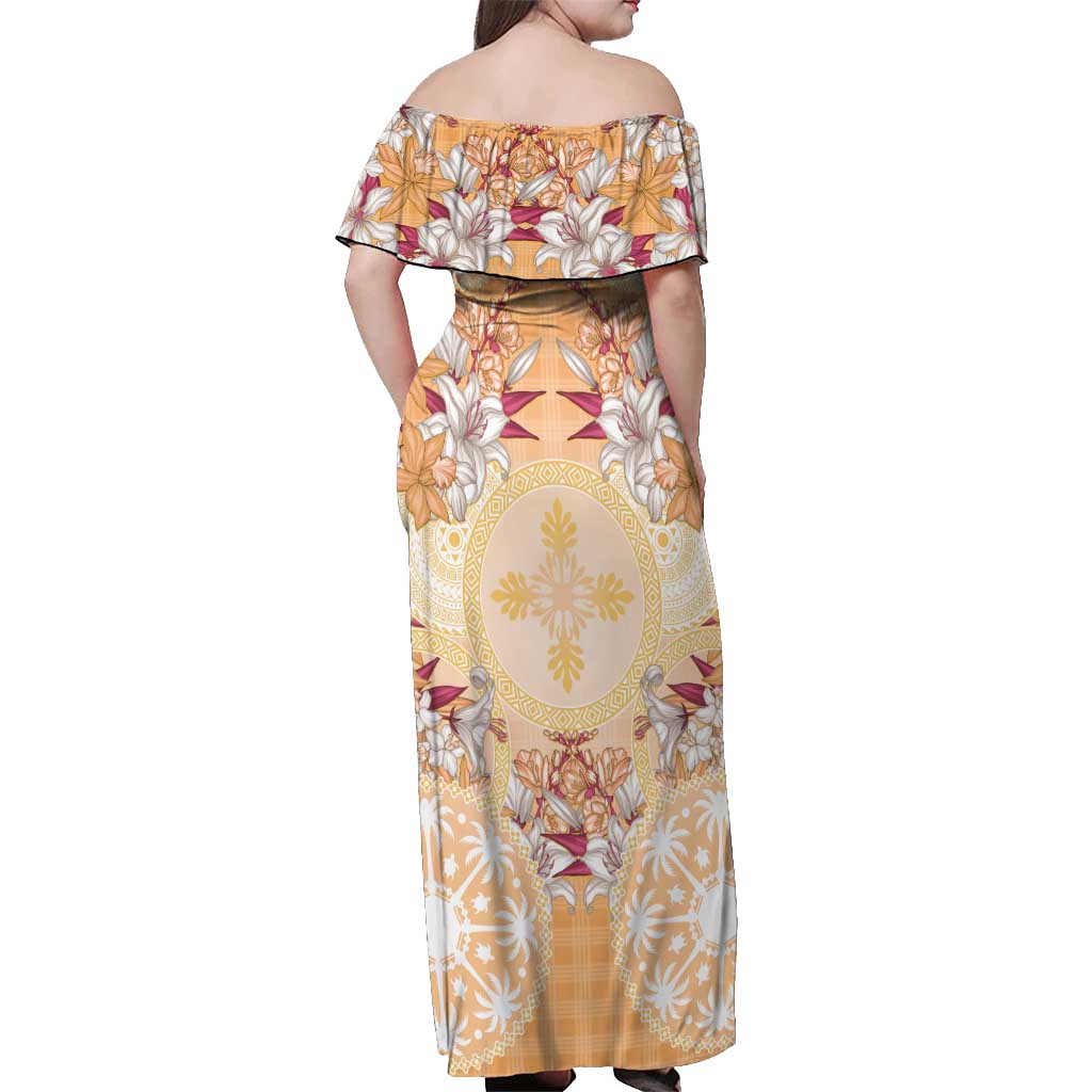 Hawaii Peach Palaka Off Shoulder Maxi Dress With Tapa Pattern Tropical Flowers - Polynesian Pride