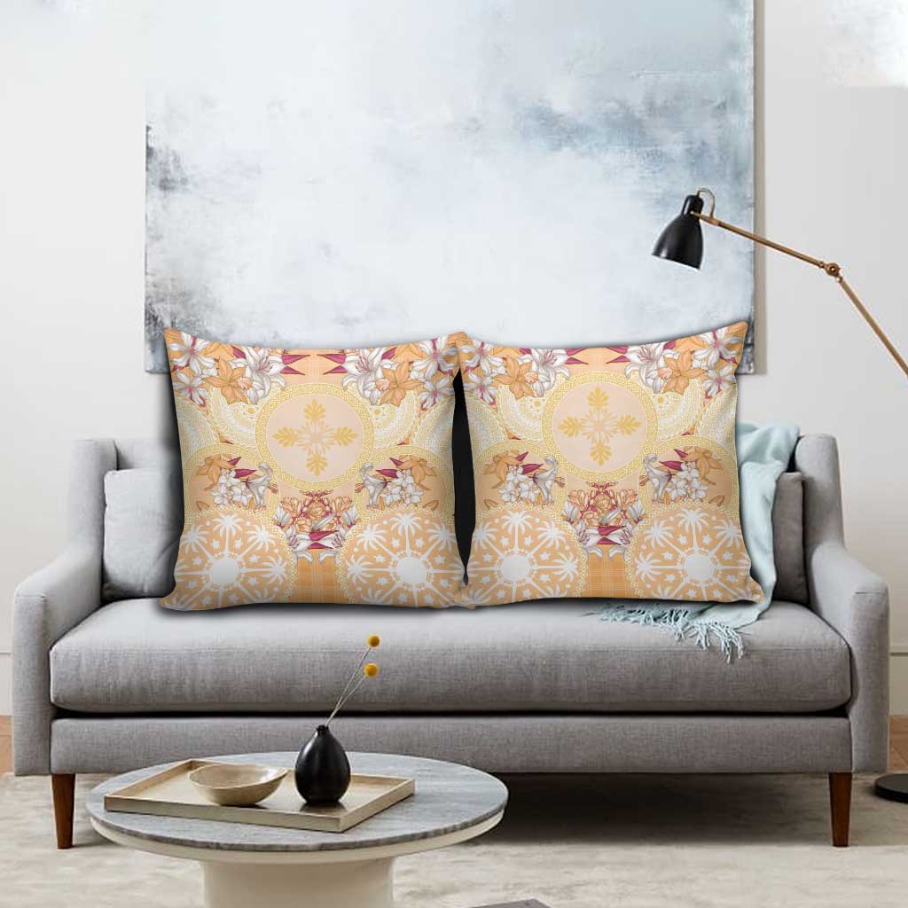 Hawaii Peach Palaka Pillow Cover With Tapa Pattern Tropical Flowers - Polynesian Pride