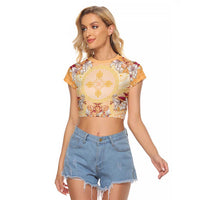 Hawaii Peach Palaka Raglan Cropped T Shirt With Tapa Pattern Tropical Flowers - Polynesian Pride