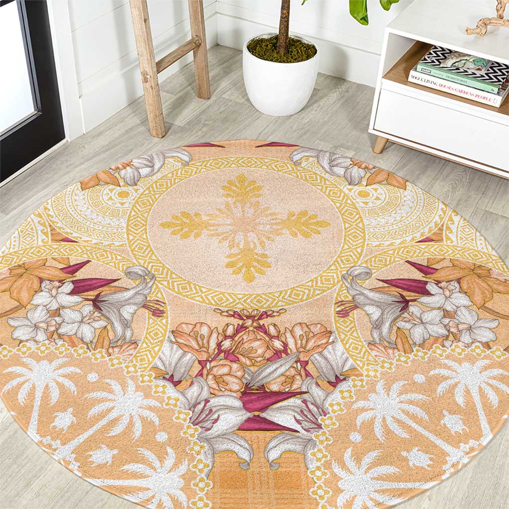 Hawaii Peach Palaka Round Carpet With Tapa Pattern Tropical Flowers - Polynesian Pride