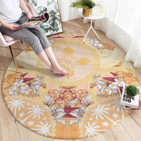 Hawaii Peach Palaka Round Carpet With Tapa Pattern Tropical Flowers - Polynesian Pride