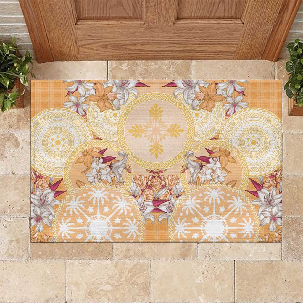 Hawaii Peach Palaka Rubber Doormat With Tapa Pattern Tropical Flowers LT05 Peach - Polynesian Pride