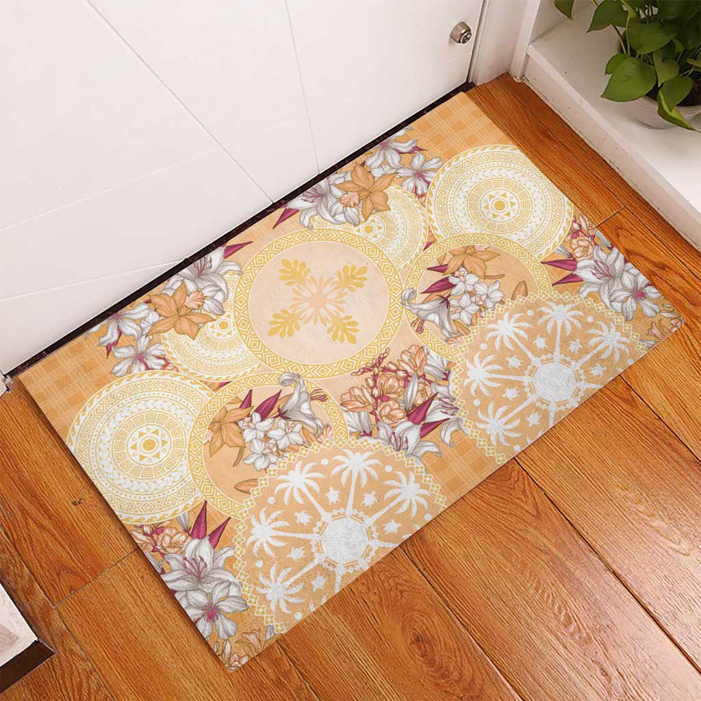 Hawaii Peach Palaka Rubber Doormat With Tapa Pattern Tropical Flowers LT05 - Polynesian Pride
