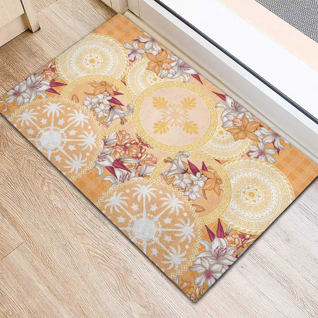 Hawaii Peach Palaka Rubber Doormat With Tapa Pattern Tropical Flowers LT05 - Polynesian Pride
