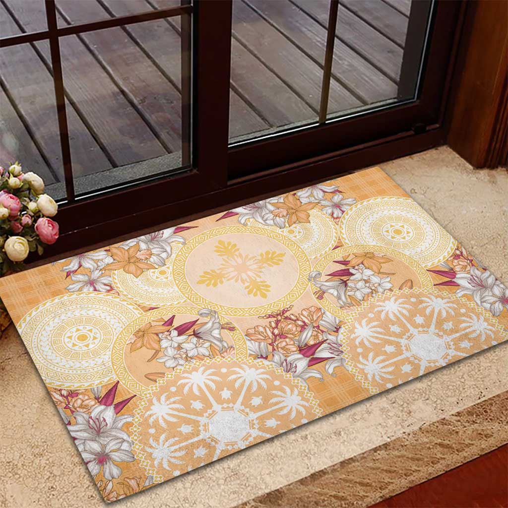 Hawaii Peach Palaka Rubber Doormat With Tapa Pattern Tropical Flowers LT05 - Polynesian Pride