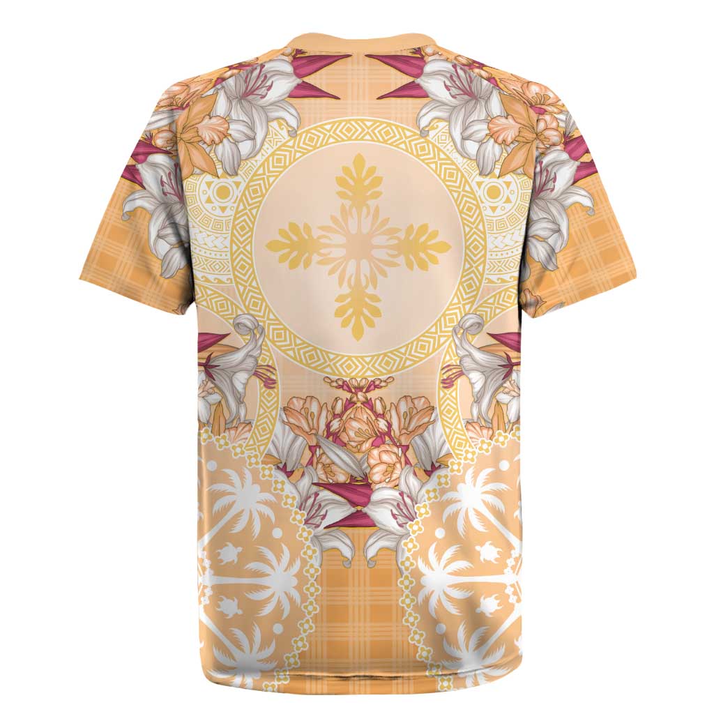 Hawaii Peach Palaka Rugby Jersey With Tapa Pattern Tropical Flowers LT05 - Polynesian Pride