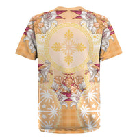 Hawaii Peach Palaka Rugby Jersey With Tapa Pattern Tropical Flowers LT05 - Polynesian Pride