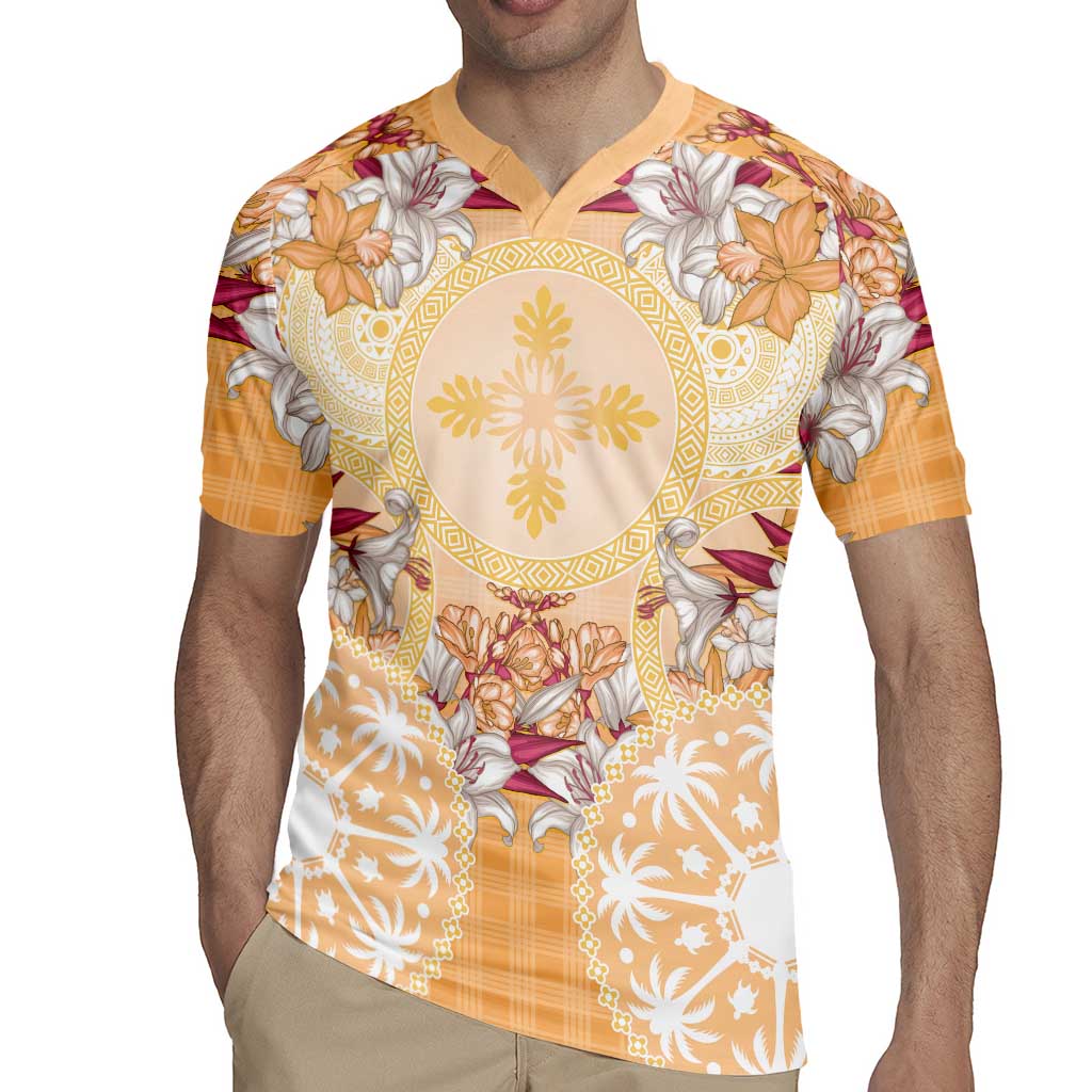 Hawaii Peach Palaka Rugby Jersey With Tapa Pattern Tropical Flowers LT05 - Polynesian Pride