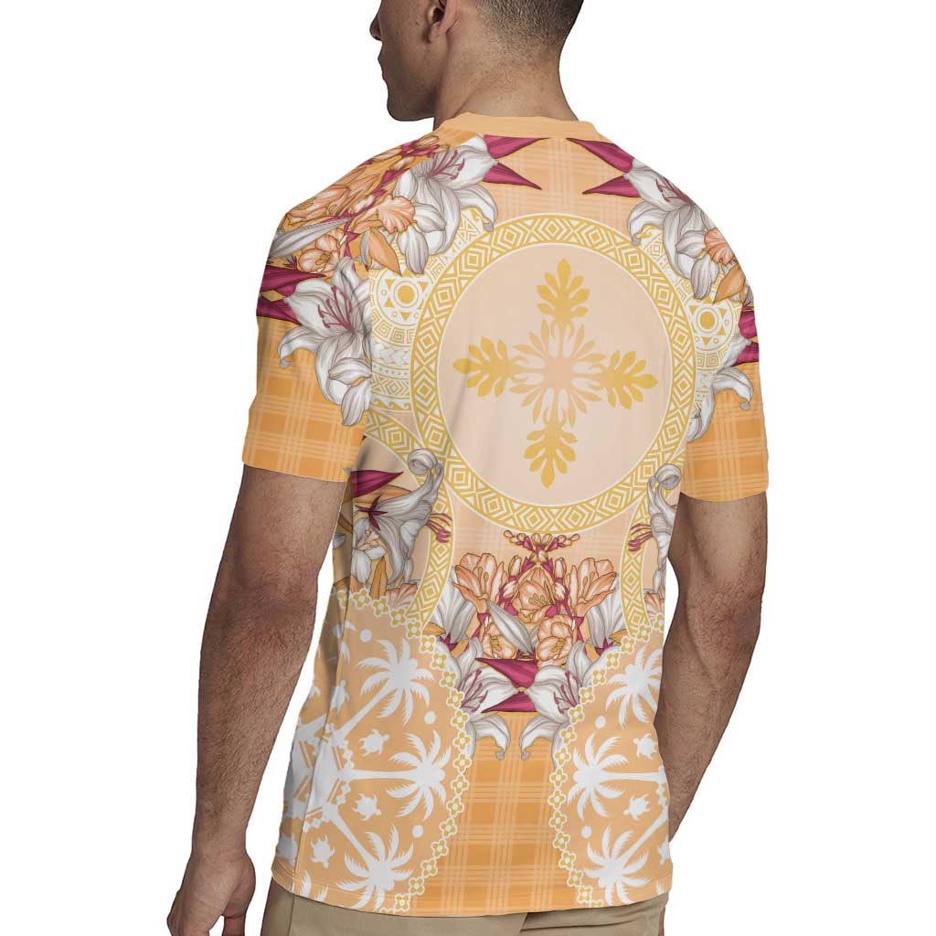 Hawaii Peach Palaka Rugby Jersey With Tapa Pattern Tropical Flowers LT05 - Polynesian Pride