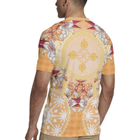 Hawaii Peach Palaka Rugby Jersey With Tapa Pattern Tropical Flowers LT05 - Polynesian Pride