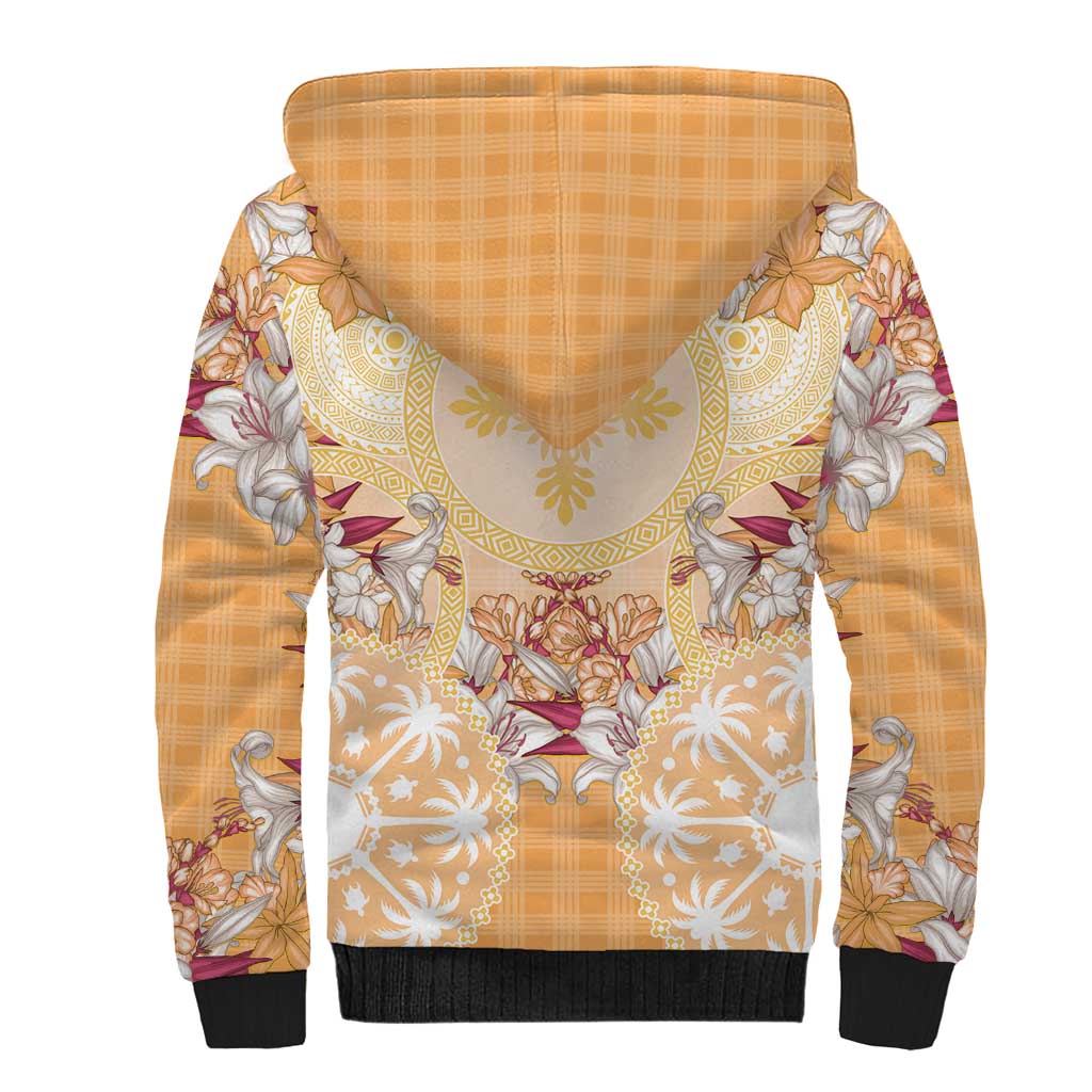 Hawaii Peach Palaka Sherpa Hoodie With Tapa Pattern Tropical Flowers LT05 - Polynesian Pride