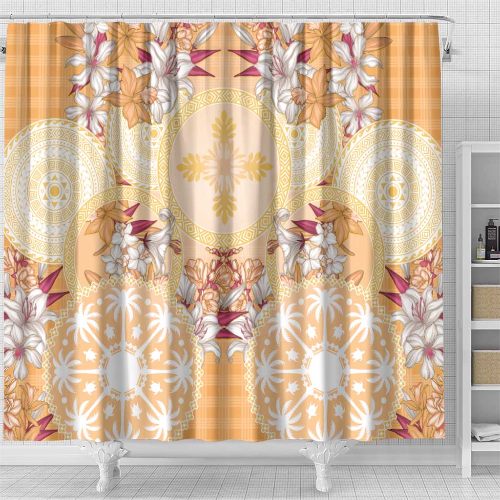 Hawaii Peach Palaka Shower Curtain With Tapa Pattern Tropical Flowers - Polynesian Pride