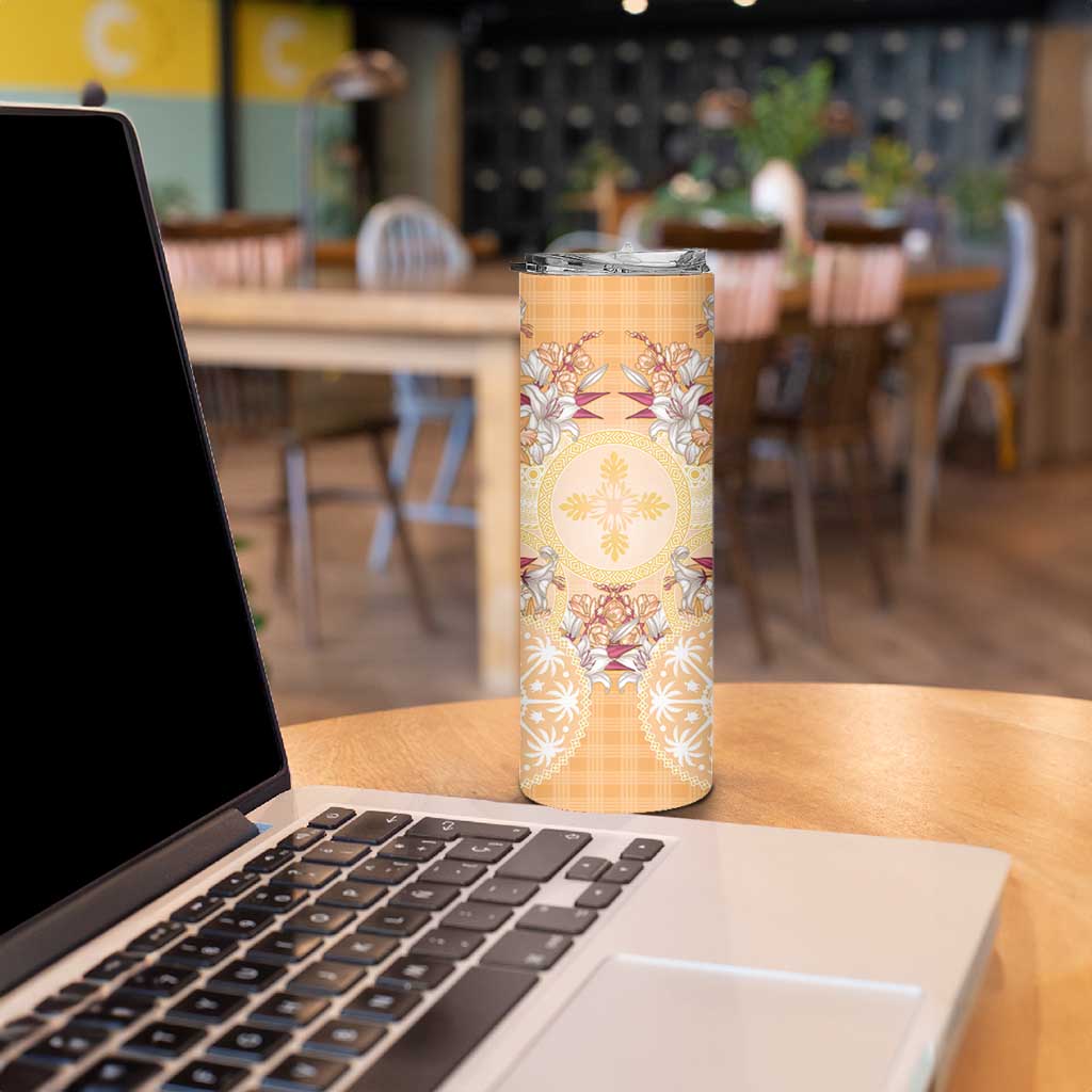 Hawaii Peach Palaka Skinny Tumbler With Tapa Pattern Tropical Flowers - Polynesian Pride