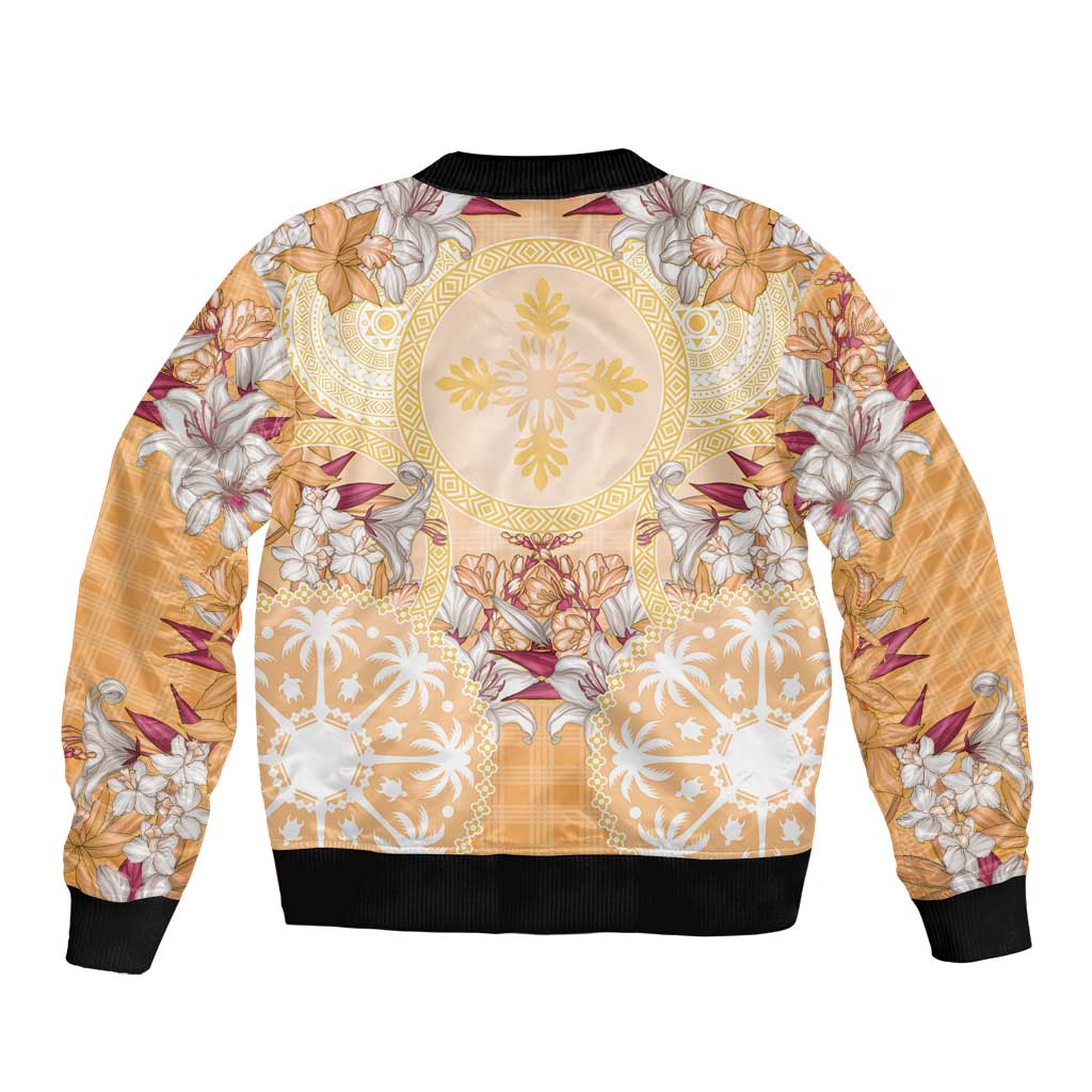 Hawaii Peach Palaka Sleeve Zip Bomber Jacket With Tapa Pattern Tropical Flowers LT05 - Polynesian Pride