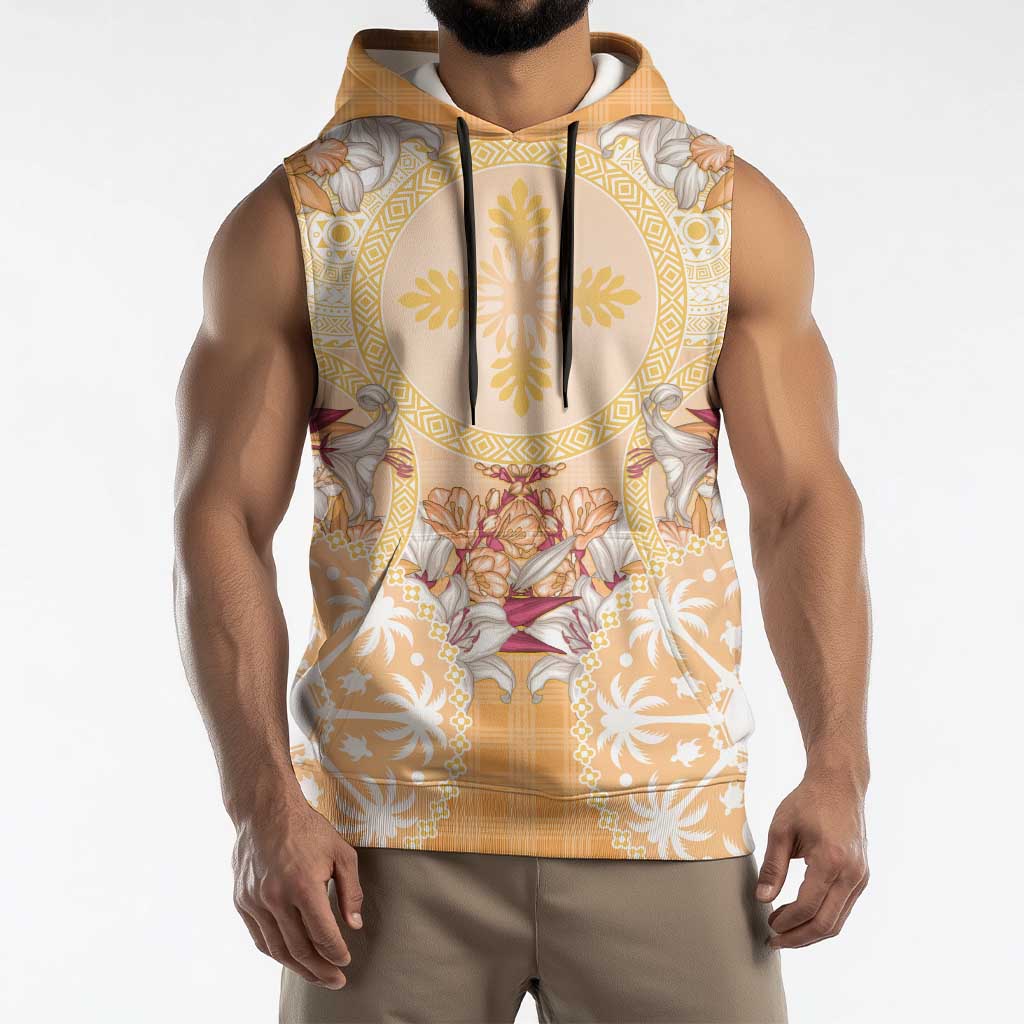 Hawaii Peach Palaka Sleeveless Hoodie With Tapa Pattern Tropical Flowers LT05 - Polynesian Pride