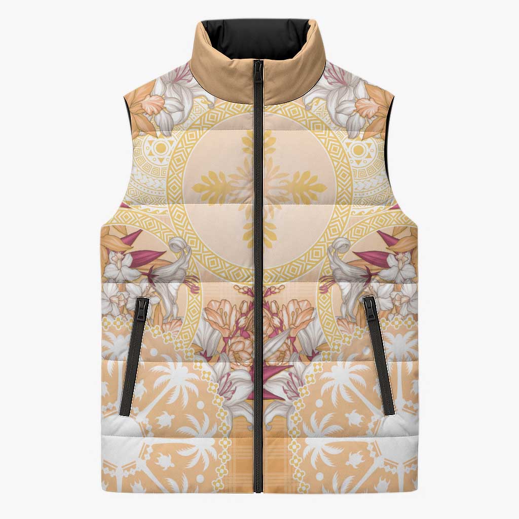 Hawaii Peach Palaka Sleeveless Puffer Jacket With Tapa Pattern Tropical Flowers LT05 Unisex Peach - Polynesian Pride