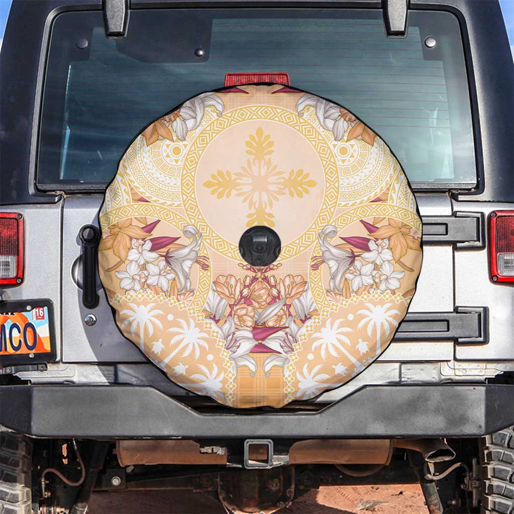 Hawaii Peach Palaka Spare Tire Cover With Tapa Pattern Tropical Flowers - Polynesian Pride