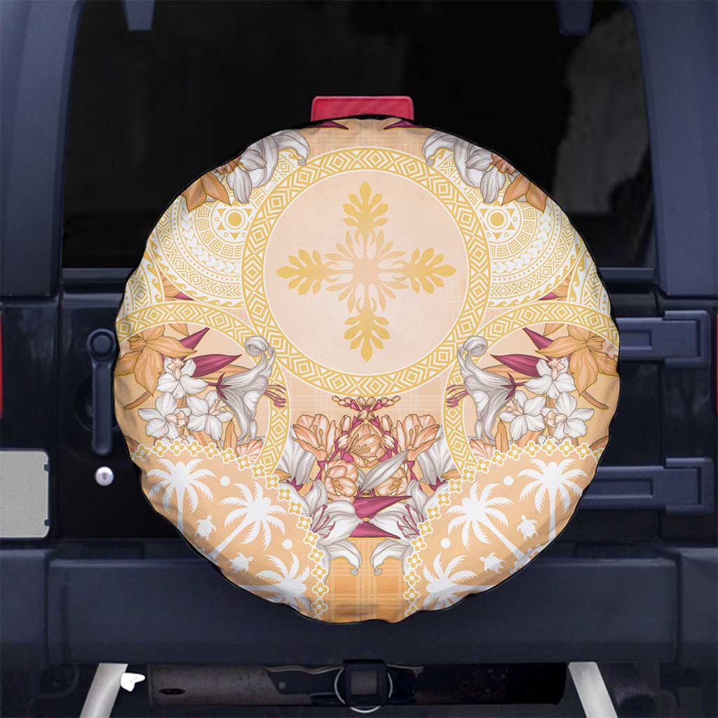 Hawaii Peach Palaka Spare Tire Cover With Tapa Pattern Tropical Flowers - Polynesian Pride