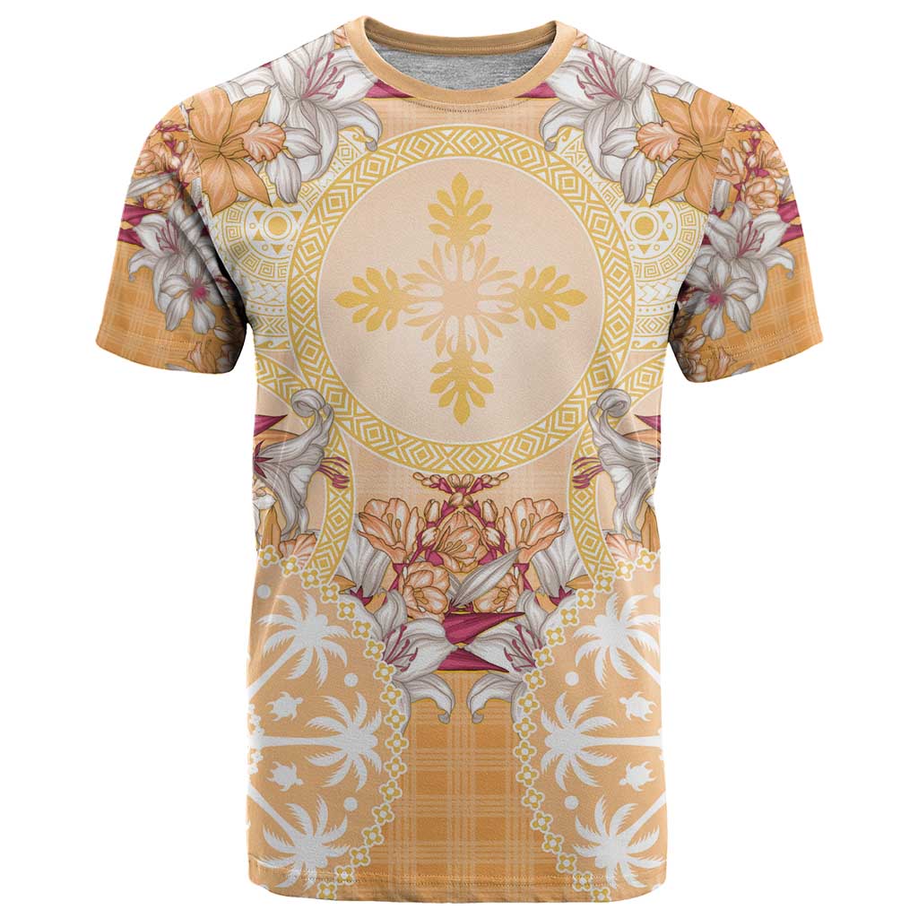 Hawaii Peach Palaka T Shirt With Tapa Pattern Tropical Flowers - Polynesian Pride