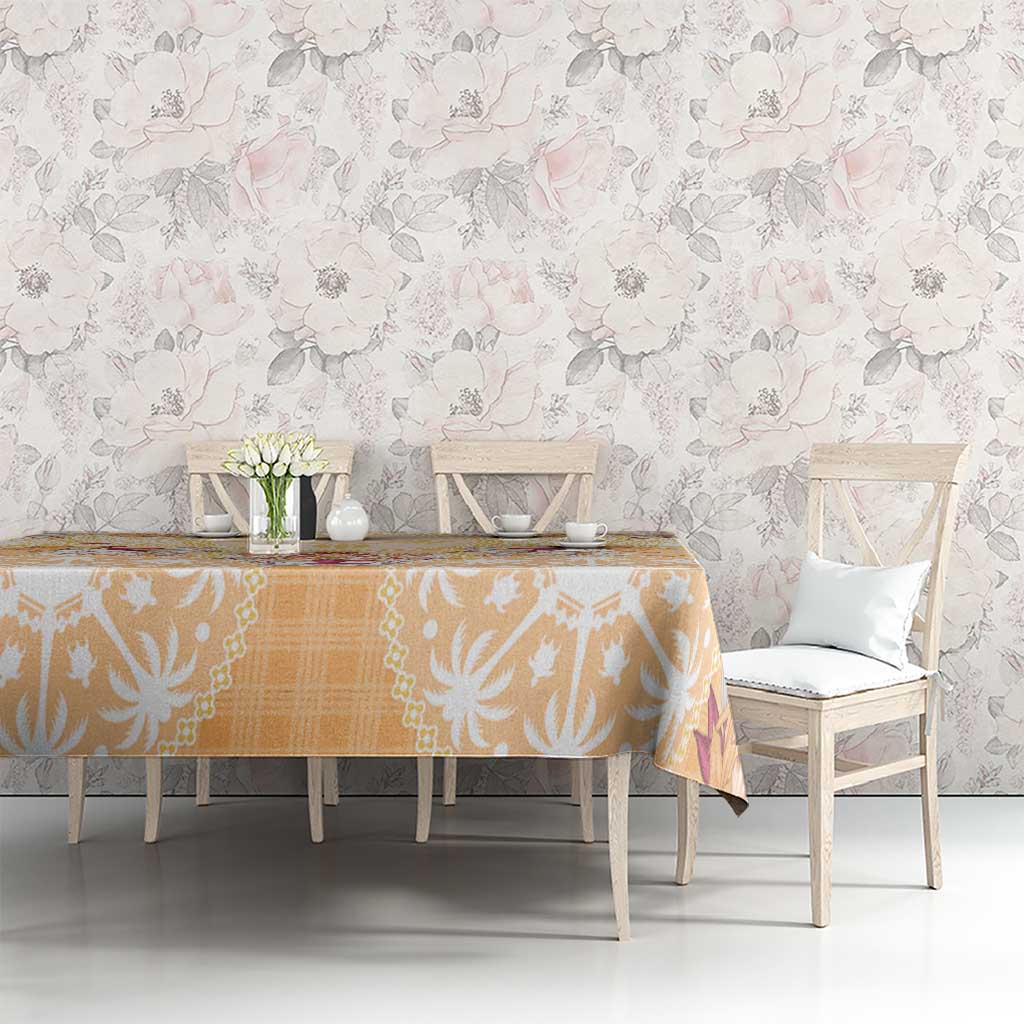 Hawaii Peach Palaka Tablecloth With Tapa Pattern Tropical Flowers - Polynesian Pride