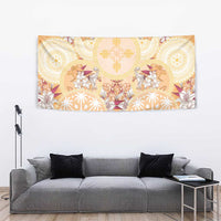 Hawaii Peach Palaka Tapestry With Tapa Pattern Tropical Flowers - Polynesian Pride