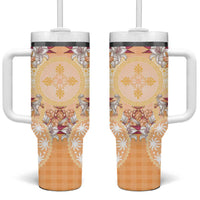 Hawaii Peach Palaka Tumbler With Handle With Tapa Pattern Tropical Flowers - Polynesian Pride