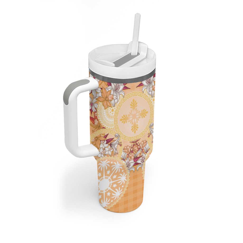 Hawaii Peach Palaka Tumbler With Handle With Tapa Pattern Tropical Flowers - Polynesian Pride