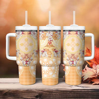 Hawaii Peach Palaka Tumbler With Handle With Tapa Pattern Tropical Flowers - Polynesian Pride