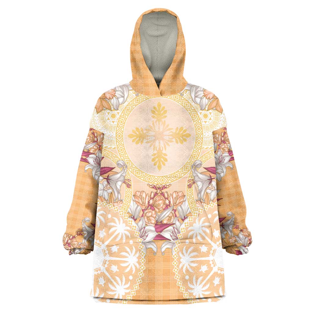Hawaii Peach Palaka Wearable Blanket Hoodie With Tapa Pattern Tropical Flowers LT05 One Size Peach - Polynesian Pride