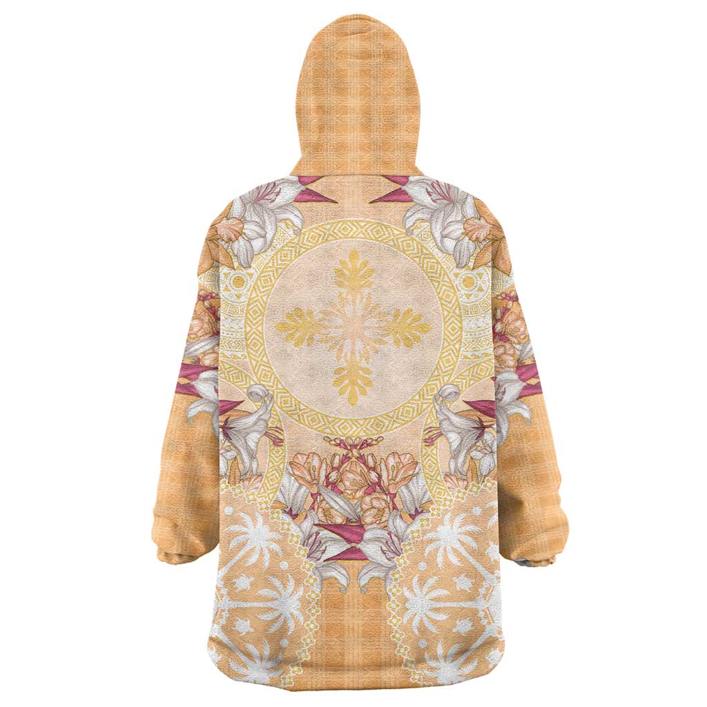 Hawaii Peach Palaka Wearable Blanket Hoodie With Tapa Pattern Tropical Flowers LT05 - Polynesian Pride