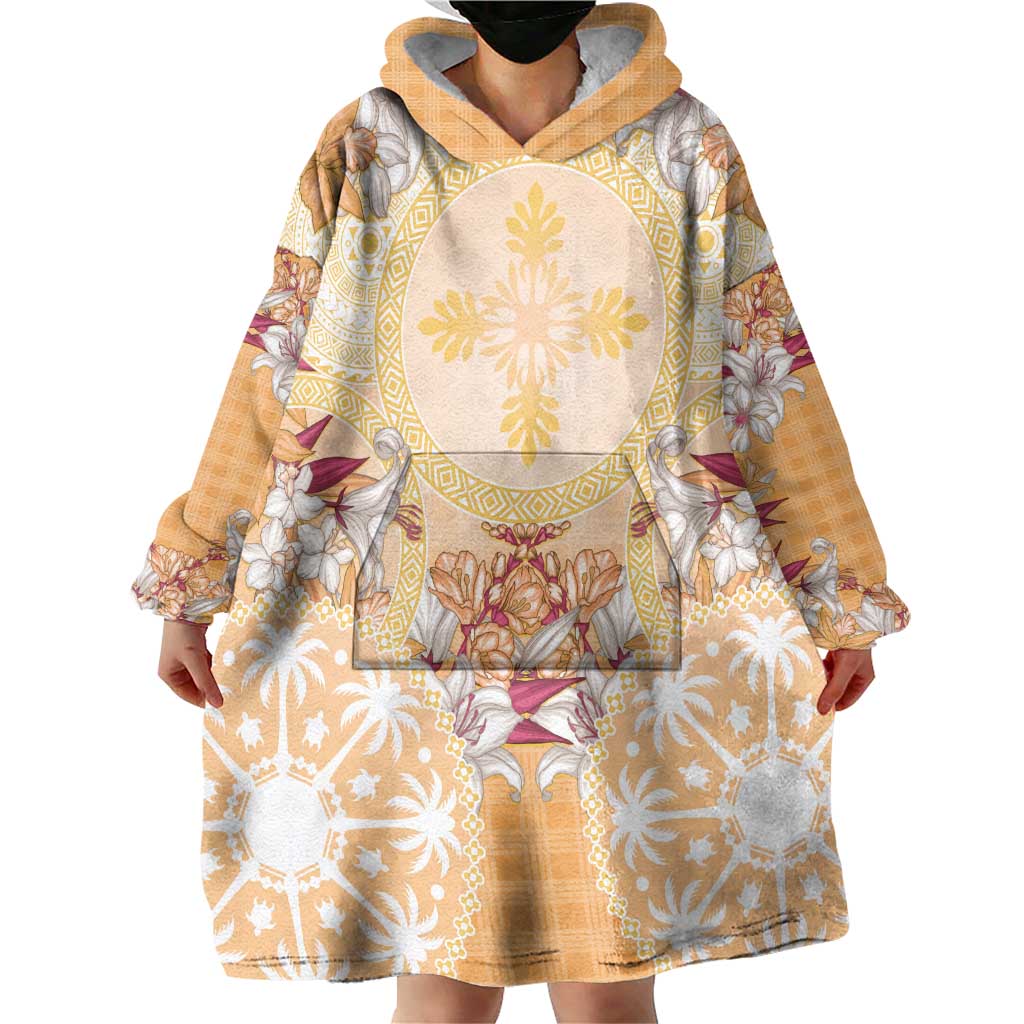 Hawaii Peach Palaka Wearable Blanket Hoodie With Tapa Pattern Tropical Flowers LT05 - Polynesian Pride