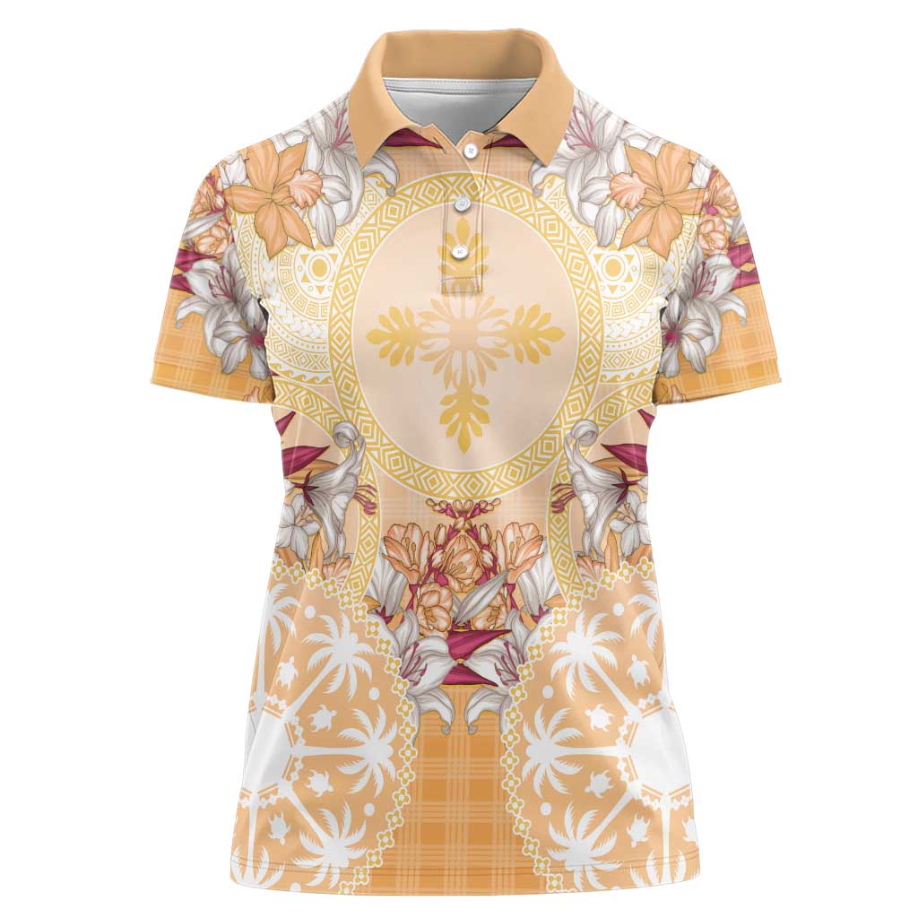 Hawaii Peach Palaka Women Polo Shirt With Tapa Pattern Tropical Flowers - Polynesian Pride