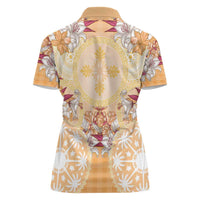 Hawaii Peach Palaka Women Polo Shirt With Tapa Pattern Tropical Flowers - Polynesian Pride