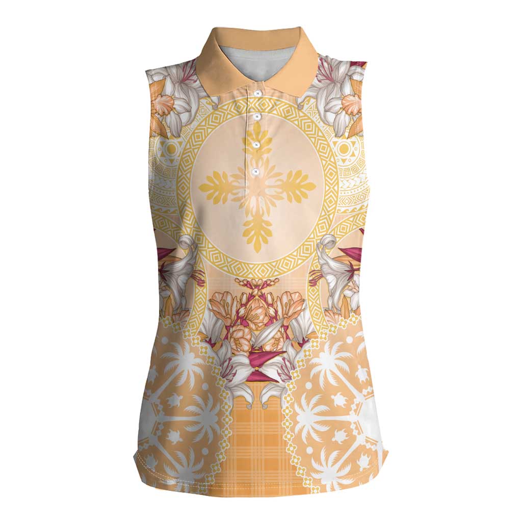 Hawaii Peach Palaka Women Sleeveless Polo Shirt With Tapa Pattern Tropical Flowers LT05 Female Peach - Polynesian Pride