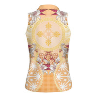 Hawaii Peach Palaka Women Sleeveless Polo Shirt With Tapa Pattern Tropical Flowers LT05 - Polynesian Pride