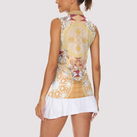 Hawaii Peach Palaka Women Sleeveless Polo Shirt With Tapa Pattern Tropical Flowers LT05 - Polynesian Pride